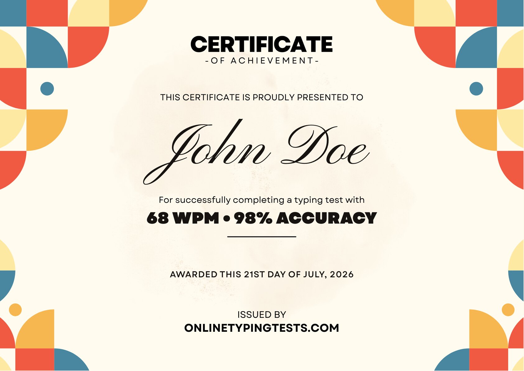 Example typing certificate awarded to John Doe for 68 WPM at 98% accuracy